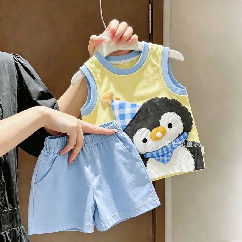 Baby Boy's Summer Super Cute 3D Bubble Penguin Vest Set Children's Pure Cotton Cartoon Sleeveless Top and Shorts