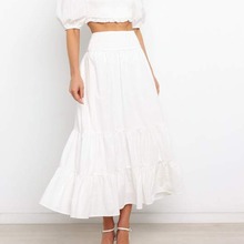 欧美跨境亚马逊独立站春夏纯色苏褶拼接松紧高腰包臀半身长裙