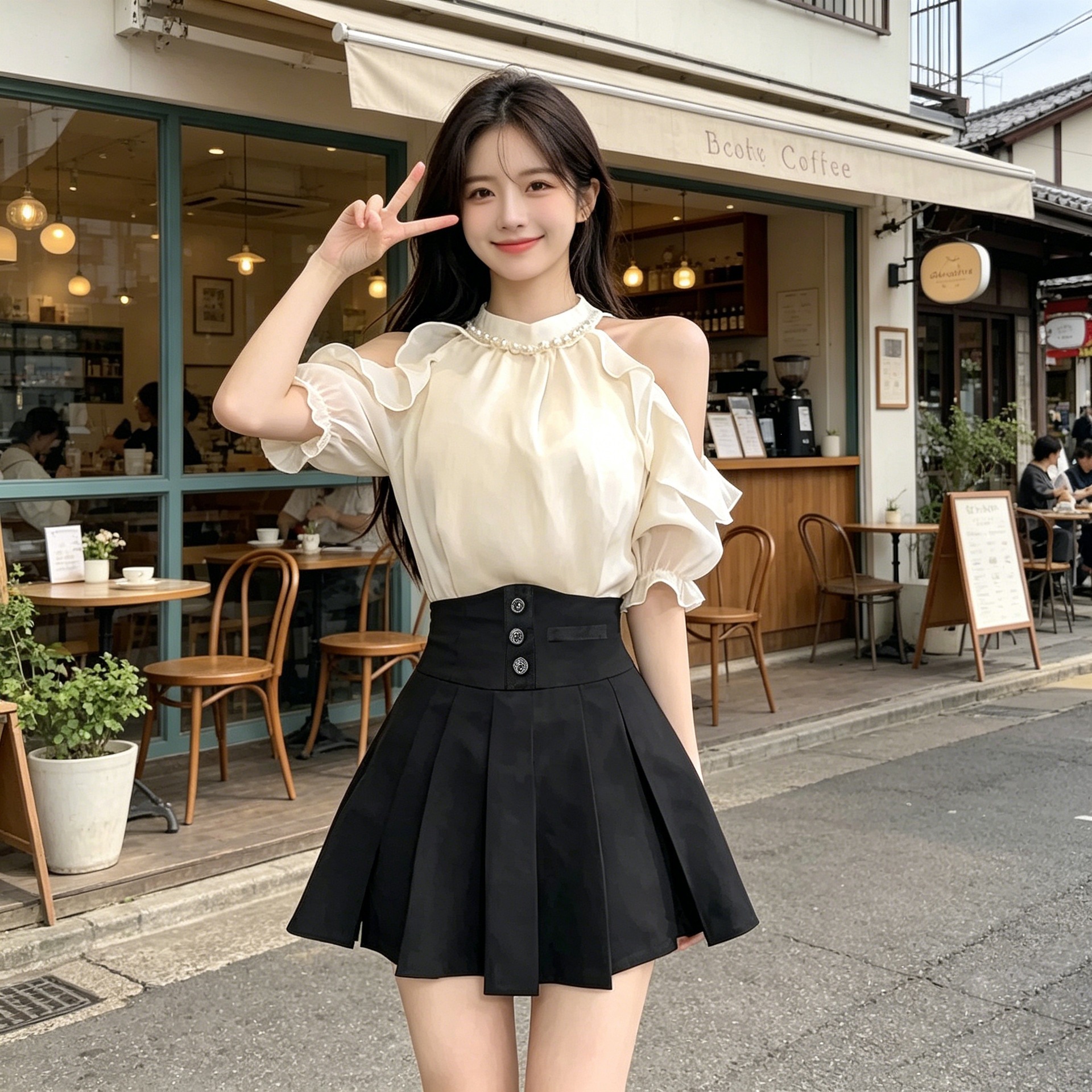 Light apricot top + black skirt (two-piece set) / S
