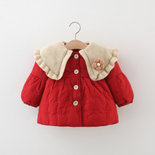 2025年冬季新款一朵小花毛线领棉衣 女童绗棉加绒加厚小棉衣外套