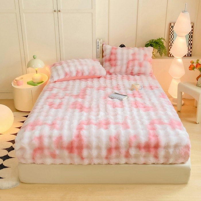 Thickened Rabbit Plush Milk Velvet Bed Bed Sheets Three-Piece Set Thickeneded Warm High Weight Bed Bed Sheets Lazy Rabbit Velvet Coral Velvet