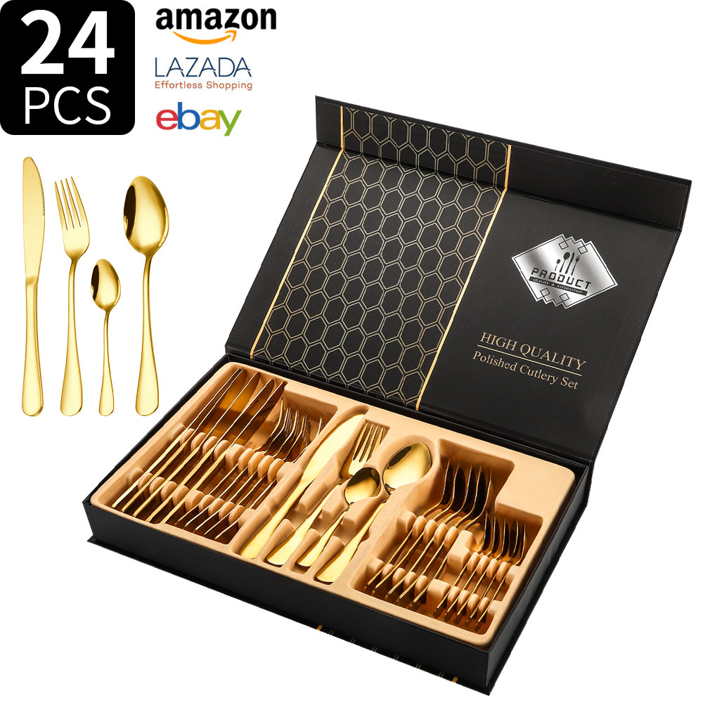 Juego de vajilla de acero inoxidable Transfronterizo Amazon 1010 juego de 24 piezas de vajilla occidental bistec cuchillo tenedor cuchara juego de caja de regalo