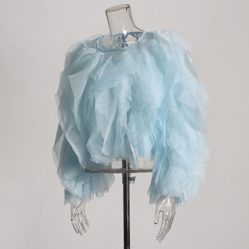 K Elegant Temperament Short Solid Color Top New High-end Round Neck Multi-layer Ruffle Edge Splicing Shirt_voghion.com