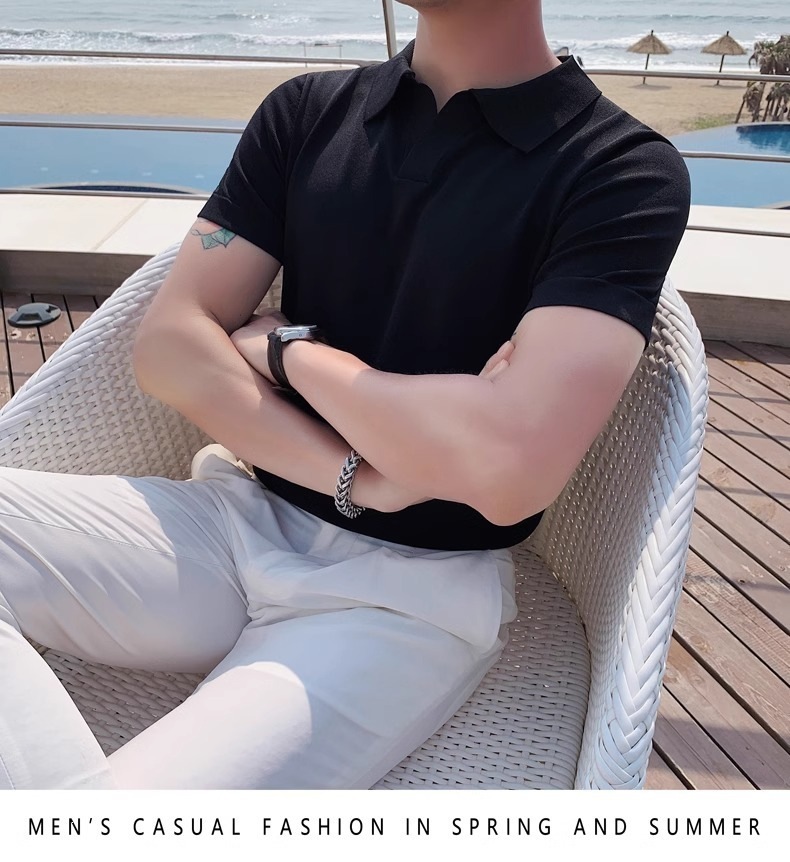 Men's Slim Fit Polo Shirt Silky Cotton Ice Silk Knitted Seagull Collar Short Sleeve Casual Workwear Trendy Sweatshirt_viptrois.com