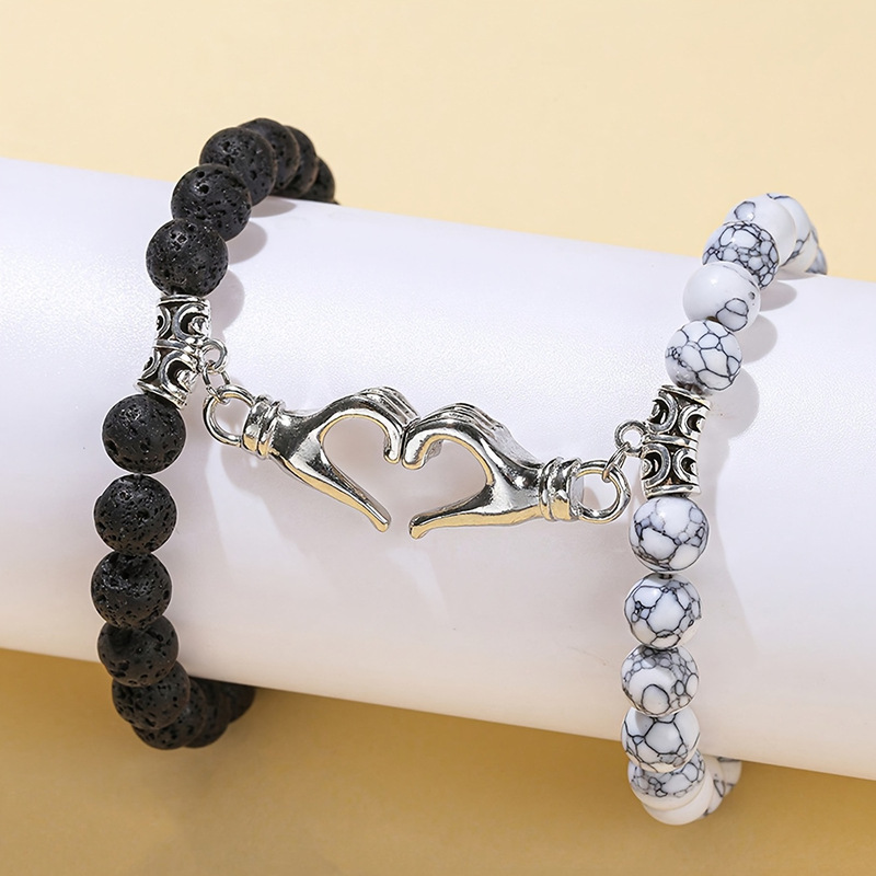Natural Volcanic Stone White Turquoise Heart-Shaped Magnetic Couple Bracelets Wholesale Handmade Couple Style Jewelry