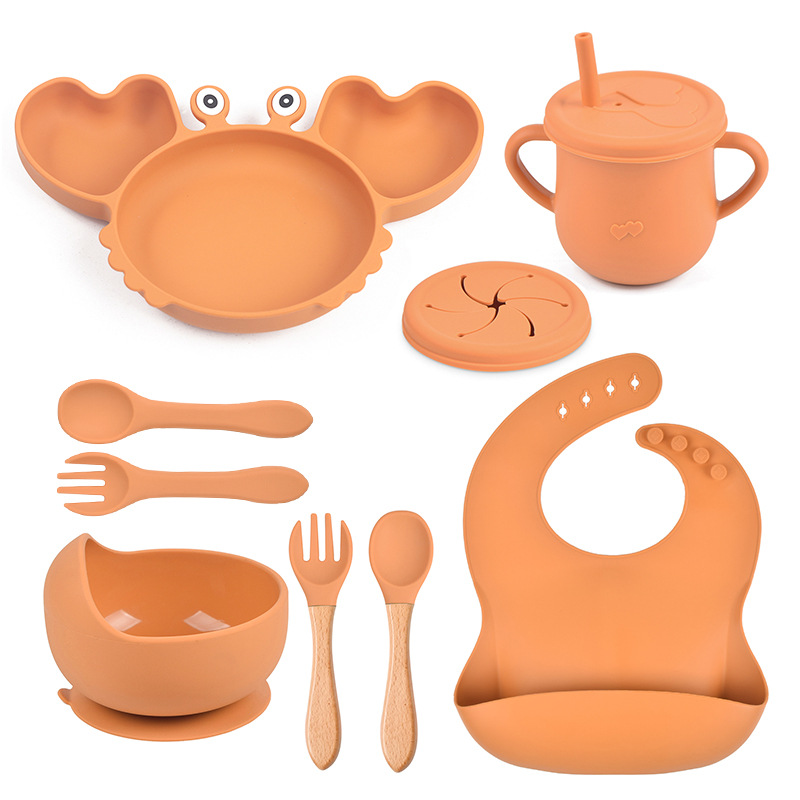 Set de vajilla para bebé de silicona de 9 piezas - Plato con forma de cangrejo, babero, plato dividido, cuchara, tenedor, taza
