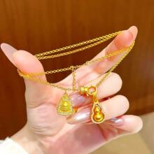 小红书同款沙金点钻葫芦黄财神三角牌项链可转动福禄葫芦项链批发