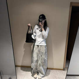 韩系慵懒豹纹弯刀牛仔裤女夏季新款ins风设计感廓形遮肉香蕉裤