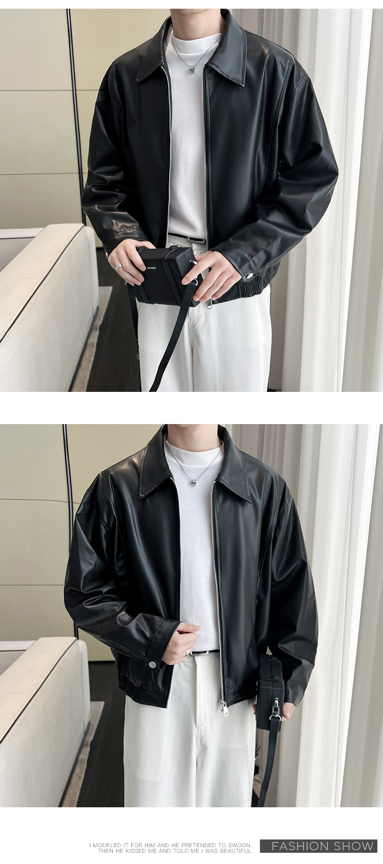 Men's Leather Jacket Black Loose Lapel Pu Leather Biker Style_voghion.com