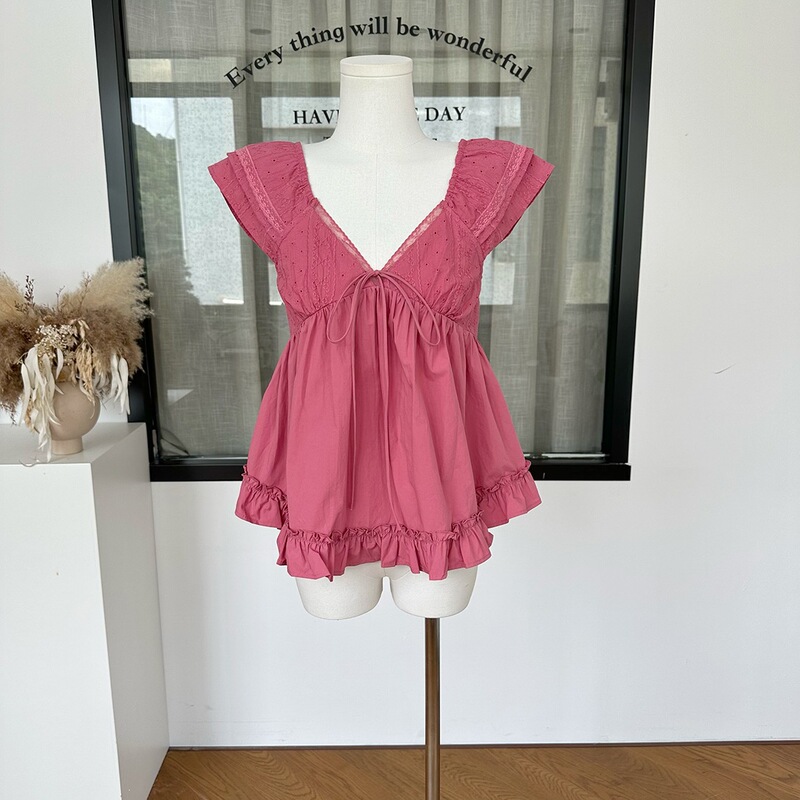 French-Style Sweet Sauce Lace-Trimmed Top for Women, Jacquard Ruched Small Flutter Sleeves Babydoll Blouse in Raspberry Pink and Pear White French-Style Sweet Sauce Lace-Trimmed Top for Women, Jacquard Ruched Small Flutter Sleeves Babydoll Blouse in Raspberry Pink and Pear White