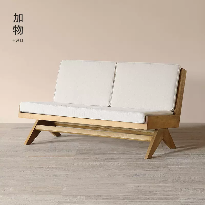 |侘寂风昌迪加尔实木沙发 日式古董复刻旧木带垫子长条沙发椅