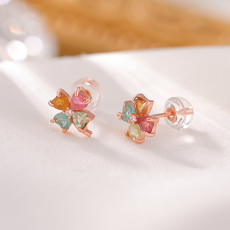 Khuyên tai bạc S925 mạ vàng hồng hình giọt mưa bốn lá cỏ ba lá — Một đôi (Bích Tỉ màu sắc ngẫu nhiên)