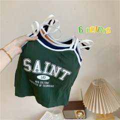 High-Quality Strap Top for Women 2024 Summer Hot Girl Fitted Letter Print Sweet and Spicy Style with Bra Pads Short-Sleeve Top