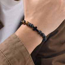 男士黑色不锈钢十字架天然光面玛瑙虎眼石串珠手链泉溪水 1740