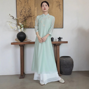Green Cheongsam Summer Cool Feeling Suit Elegant Style New Chinese Style Girly Temperament Artistic Tea Clothing dress