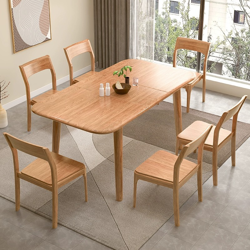 白蠟木實木餐桌簡約家用可伸縮蹦台北歐餐桌椅組合長方形餐廳飯桌