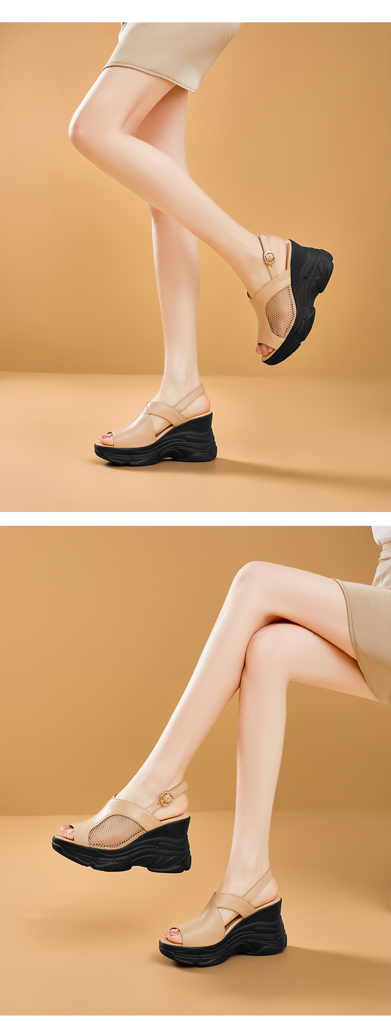 Sandal nữ hở mũi đế xuồng gót cao 9 cm, da bò lưới phối miệng cá — Màu trắng be chi tiết 4