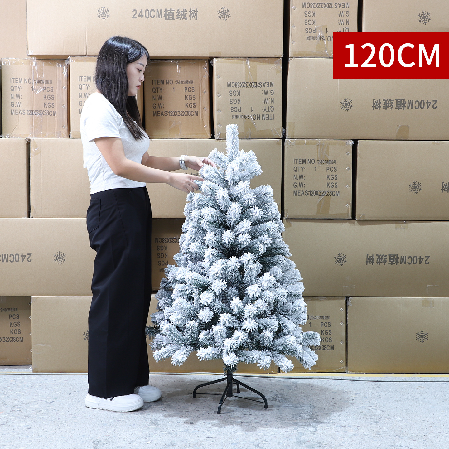 Árbol de Navidad puro PE mezclado PVC nieve flocado árbol desnudo blanco decoración de Navidad pleno pe árbol de Navidad precargado luz