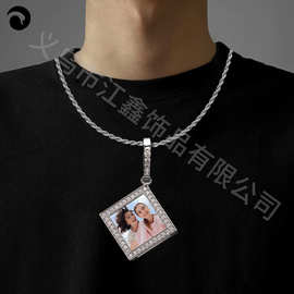 欧美时尚新款正方体镶钻内芯外框吊坠照片记忆相框吊坠情侣项链
