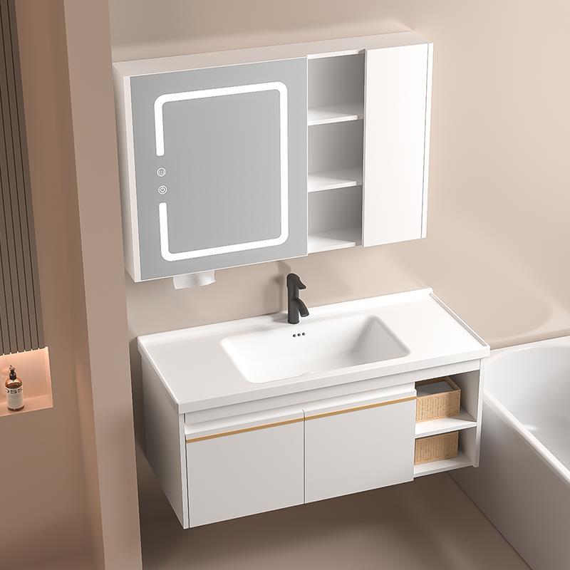 De madera maciza inteligente gabinete de baño blanco combinación de cerámica cuenca integrada pequeño apartamento lavabo de baño lavabo