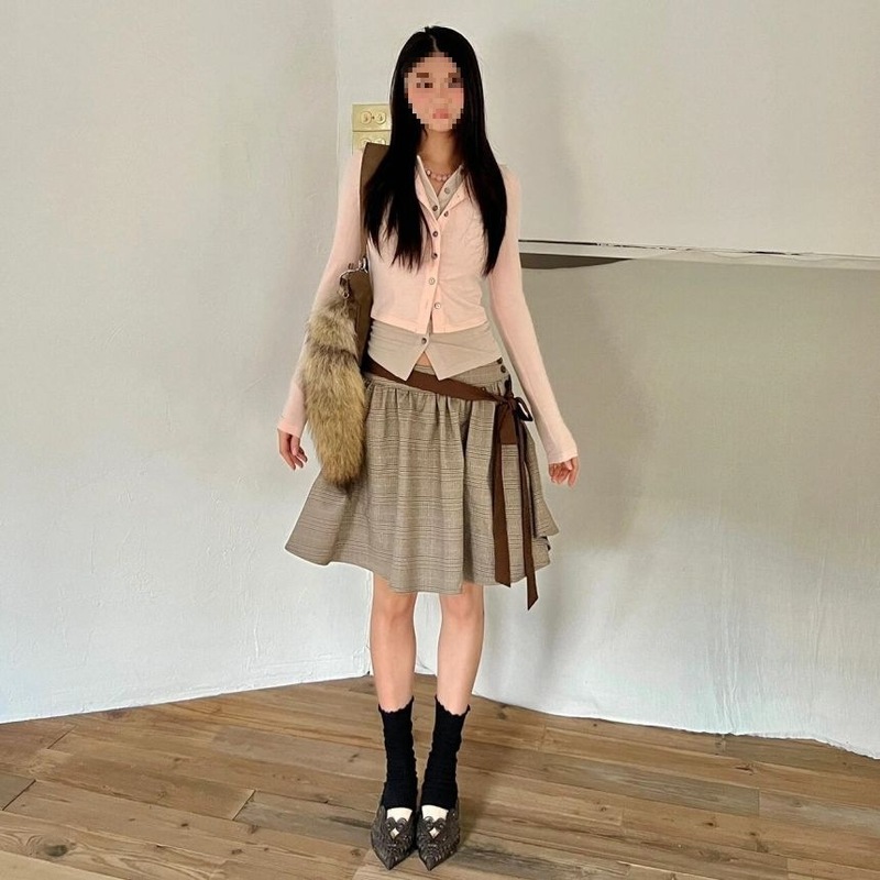 美式辣妹修身假两件长袖针织衫上衣女个性复古格纹半身裙两件套装|undefined