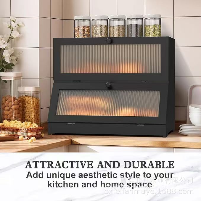 跨境木质面包储存箱家用厨房双层可拆卸木制简约面包箱防尘收纳箱