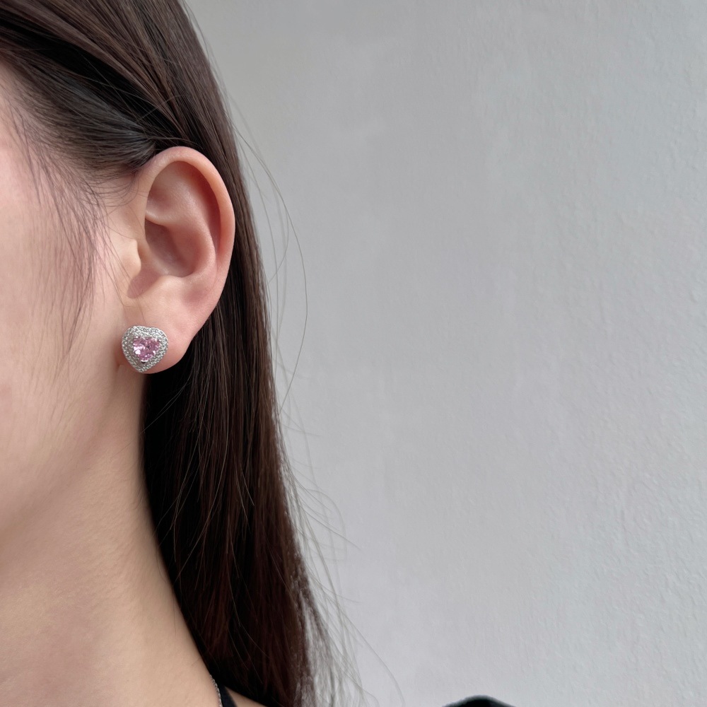 6g Weight Zircon Inlay Material 1 Pair 925 Sterling Silver Zircon Heart Shape Ear Studs