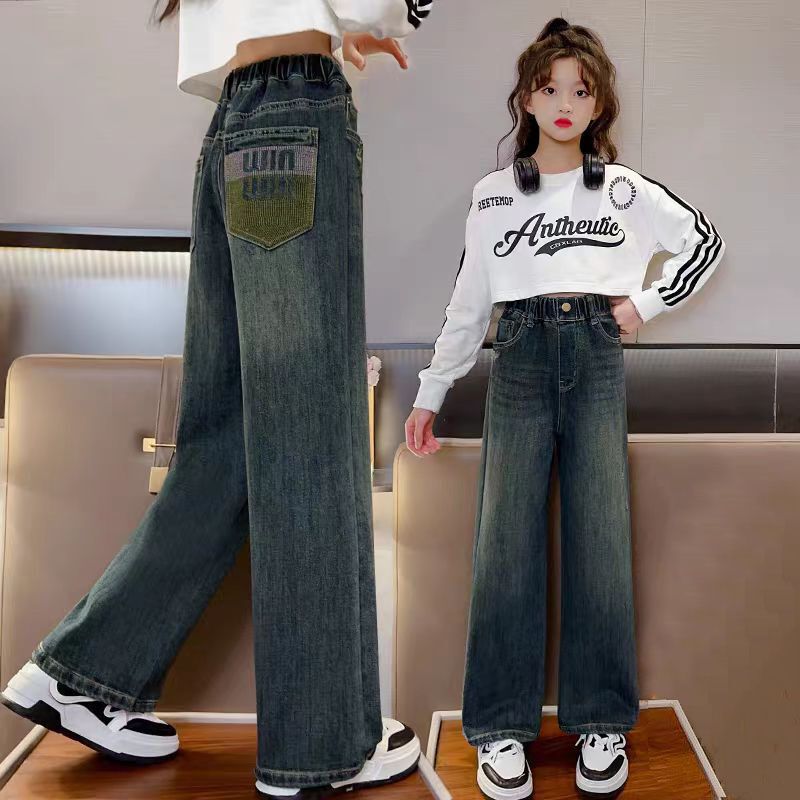 Girls' Jeans Spring and Autumn Style for Outdoor Wear, Big Kids Fashion Trendy Casual Wide-Leg Pants, Winter Straight Children's Pants