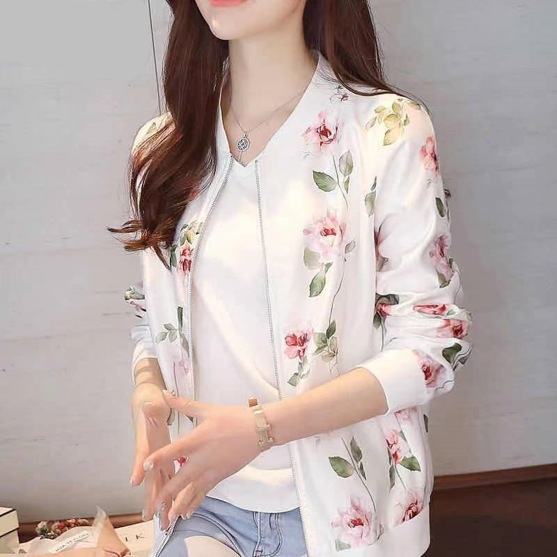 シフォン薄型空調日焼け止めジャケット婦人服韓国風長袖ジッパー野球ユニフォームプリントルーズショートジャケット|undefined