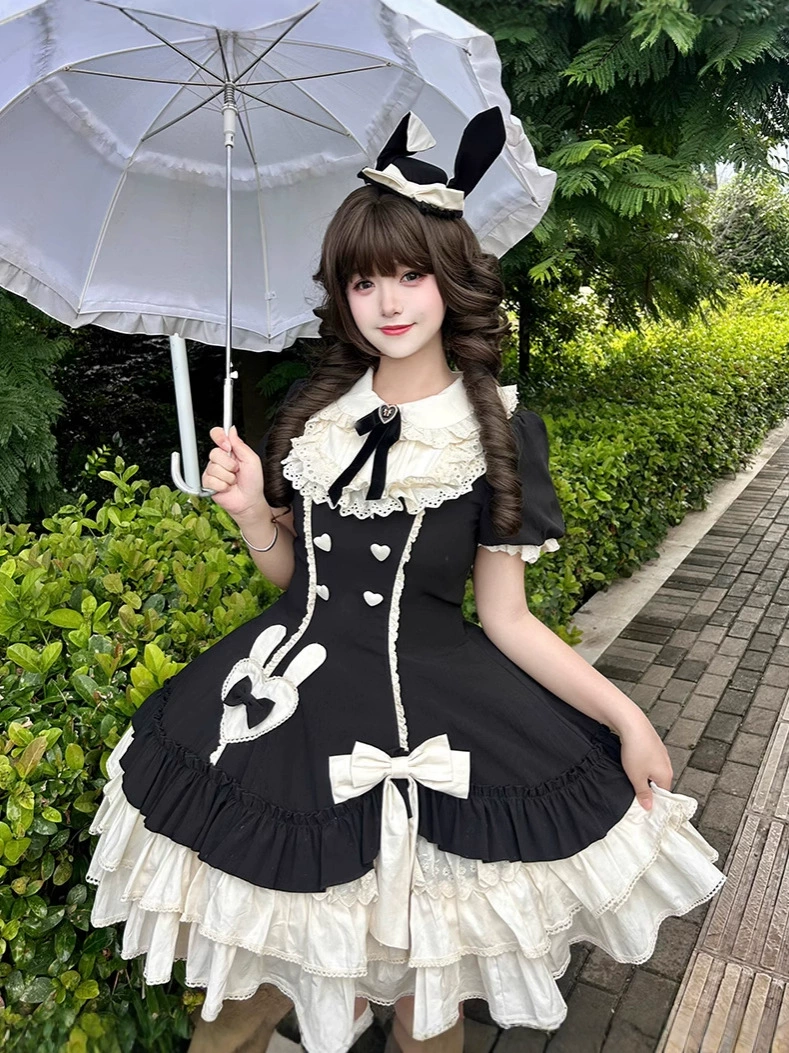 Платье Lolita OP, сладкий классический стиль, пышные рукава, многослойная юбка и банты — крем/чёрный/розовый