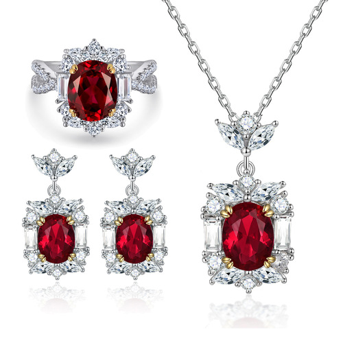 European and American ruby ​​ring, zircon, S925 silver earrings, atmospheric colorful treasure necklace, high-end sterling silver colorful treasure jewelry set