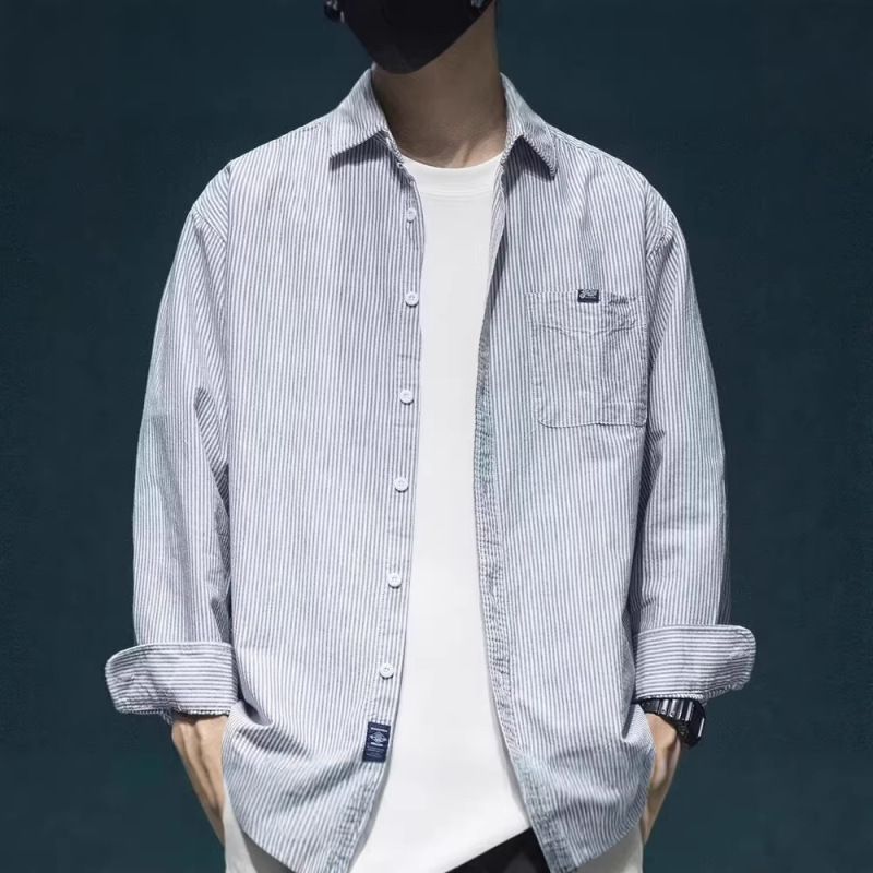 Japanese-Style Blue and White Striped Long-Sleeve Shirt for Men, 2026 New Spring High-End Shirt, Hong Kong Style Casual Cool Jacket Japanese-Style Blue and White Striped Long-Sleeve Shirt for Men, 2026 New Spring High-End Shirt, Hong Kong Style Casual Cool Jacket