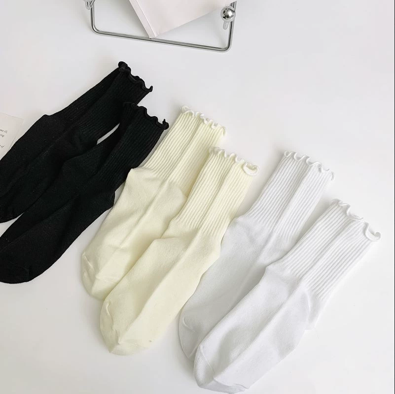Middle‑Tube JK Socks, cotton ruffle cuff, spring–summer–autumn, sizes 35–42 (black/white/beige)
