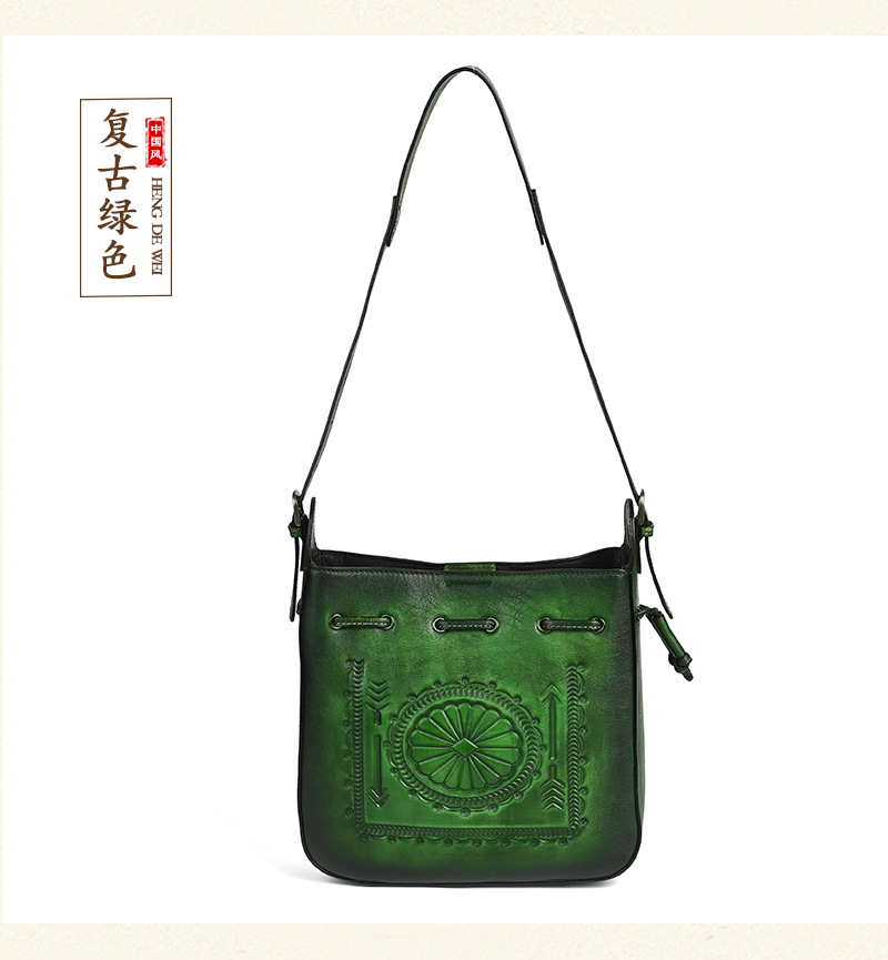 Túi tote da bò cổ điển phong cách vintage, đáy rộng, dung tích lớn, quai đeo vai — Màu xanh lá cây chi tiết 21