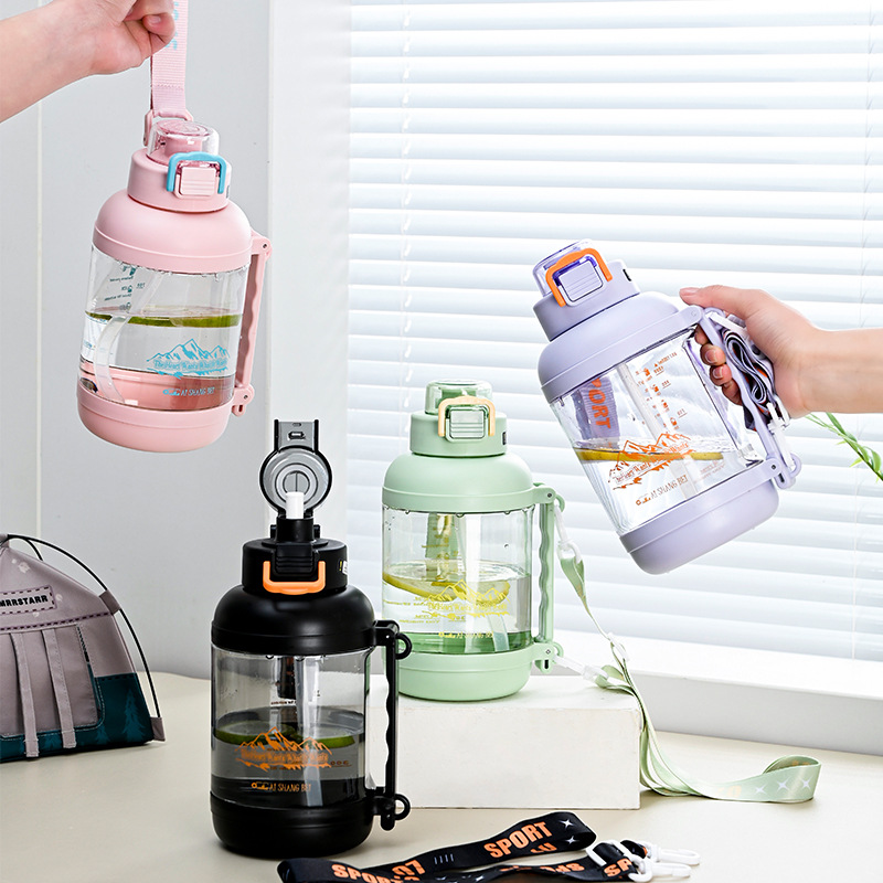 Botella de agua deportiva de tonelada de gran capacidad, celebridades de Internet, hombres y mujeres, ejercicio, taza de agua portátil, correa, tapa elástica, taza de cubo al aire libre