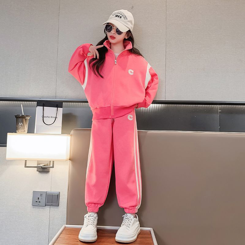 女の子のゆったりとしたカジュアルなスタンドアップカラースウェットシャツスーツ、大きな子供用刺繍ジッパーカーディガンレギンススウェットパンツ女の子2点セット|undefined