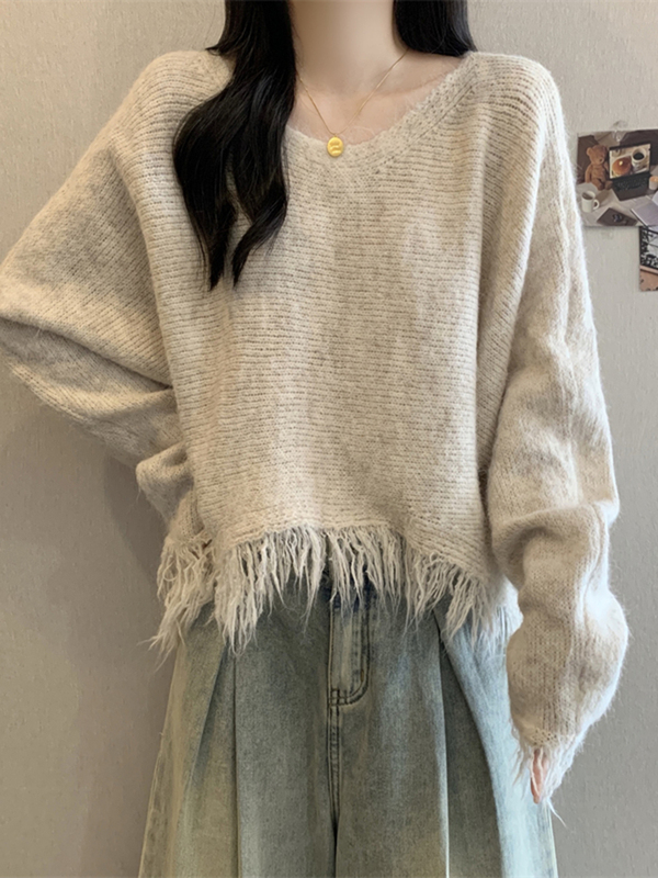 韩系高级感流苏针织衫女秋季新款设计感小众宽松百搭显瘦短款上衣|undefined