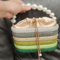 French shiny non-functional color-blocked rainbow vegetable basket birdcage pearl metal silk satin bucket clutch crossbody bag