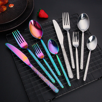 石纹不锈钢餐具刀叉勺创意浮雕西餐酒店牛排刀家用甜品叉勺代发