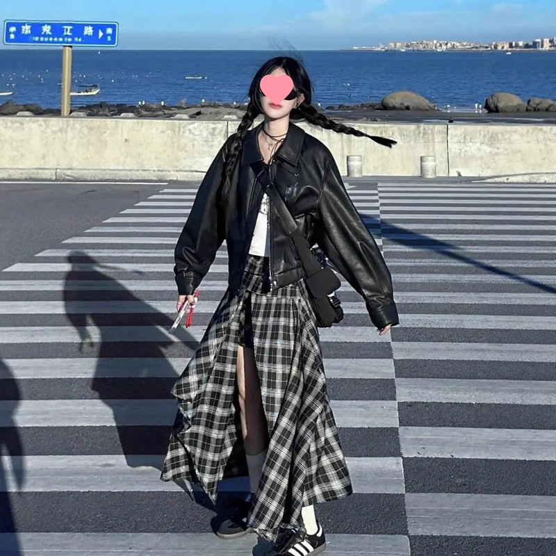Two-Piece Retro Irregular Plaid Skirt Women's Autumn and Winter New Black Jacket Slim Leather Jacket Two-Piece Retro Irregular Plaid Skirt Women's Autumn and Winter New Black Jacket Slim Leather Jacket