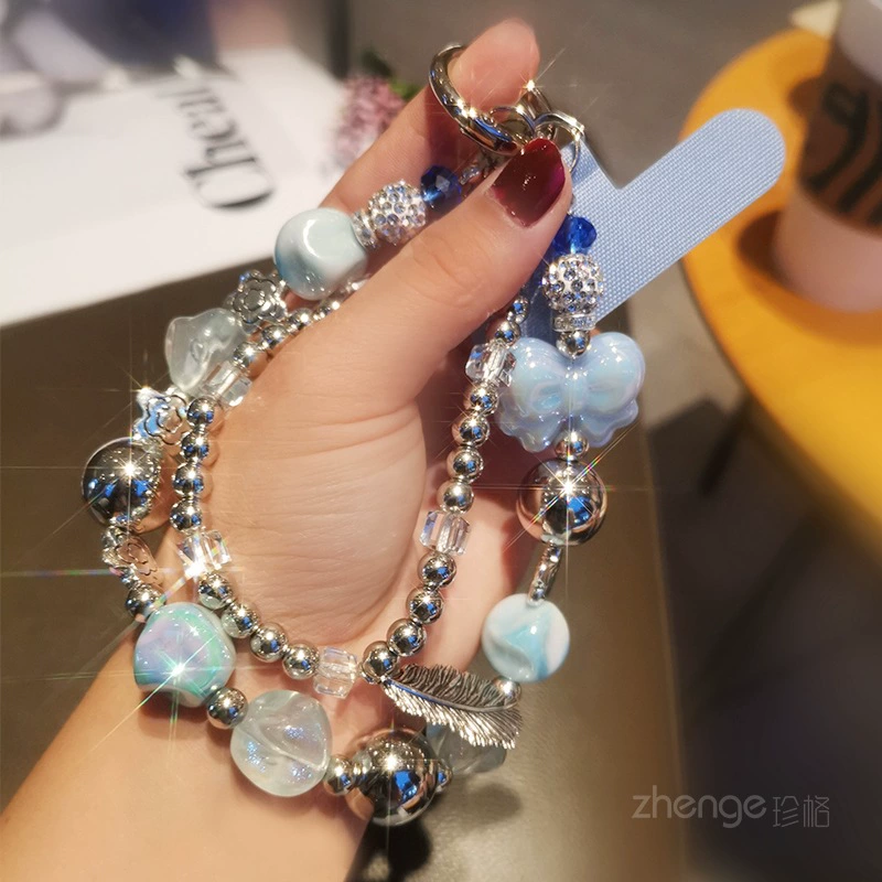 Phone Strap Beaded Chain, Handmade Woven Charm with Bow, Short 2-Sided Decorative Strap