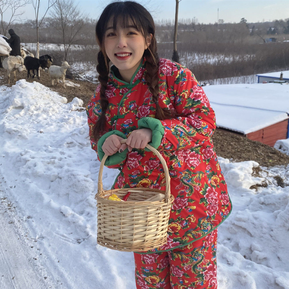 秋冬季新款唐装夹棉加厚碎花棉服民族风棉袄东北大花棉衣套装外套