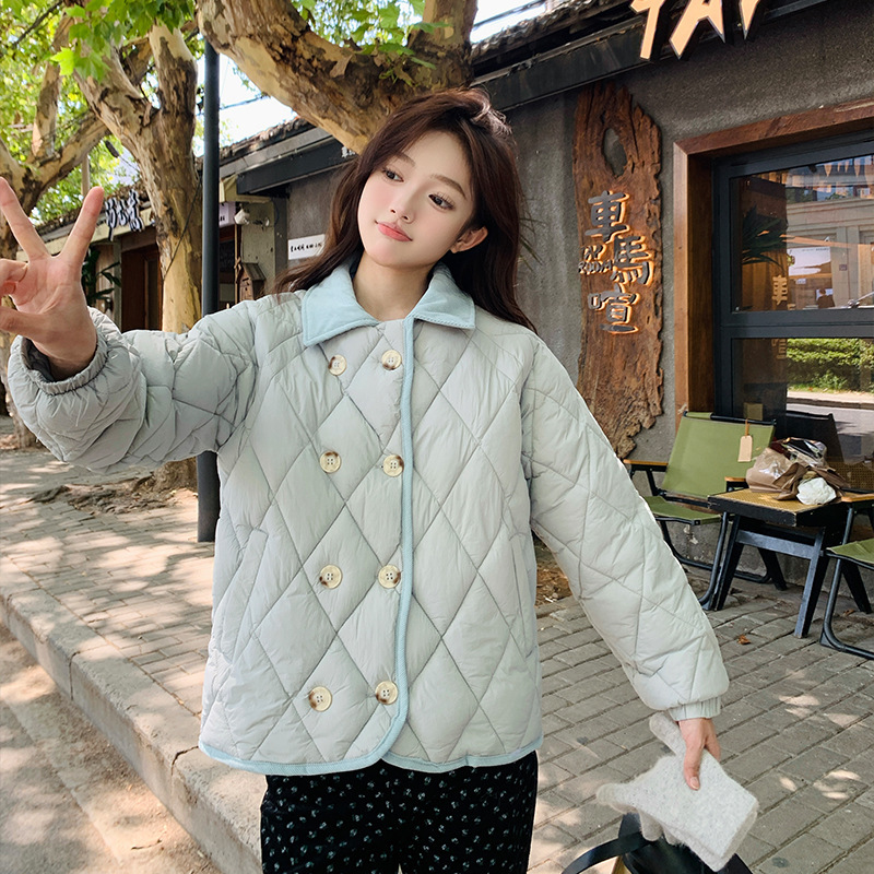 拼领菱格复古港风棉服外套2024秋冬新款显瘦学院风面包服宽松棉袄