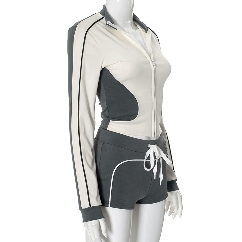 Women Clothing Autumn Sports Tight Hooded Long Sleeve Super Short Shorts Casual Suit