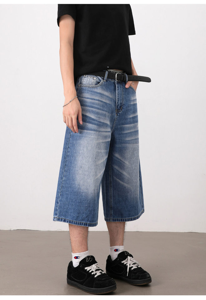 Quần short jeans nam ống rộng dáng lửng phong cách retro giặt mài — Màu xanh dương, Xanh nhạt chi tiết 16