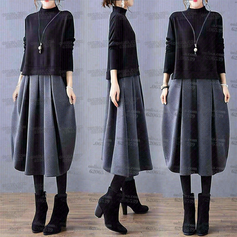 Japanese Crewneck Long Sleeve Fake Two-piece dress