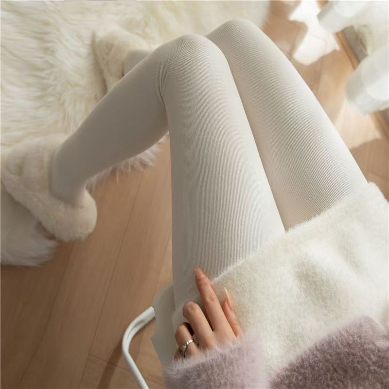 Thick Fleece Cotton Milk White Pantyhose Japanese Style Oatmeal White Knit Vertical Stripe Leggings for Women Autumn and Winter Fleece-Lined Thick High-Waisted