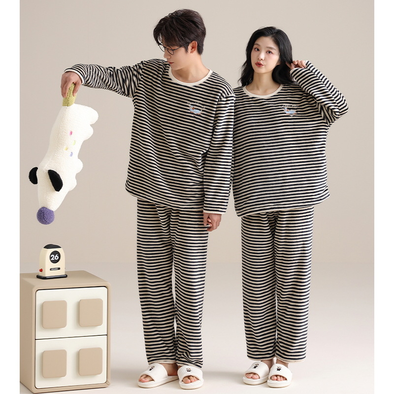 Pajamas de pareja otoño y invierno de terciopelo de coral cálido conjunto de mangas largas de franela casual se puede usar ropa de hogar a rayas