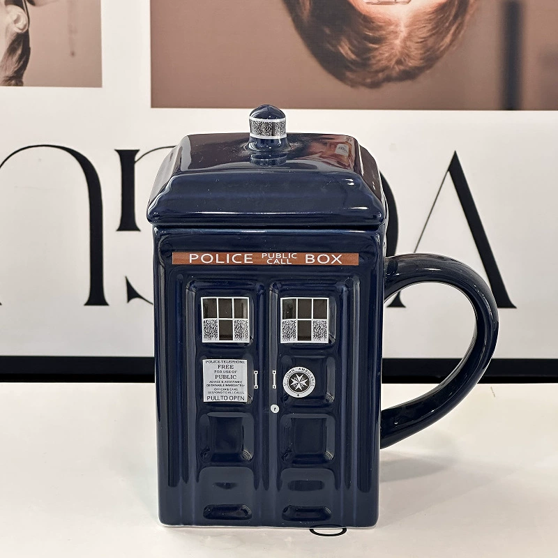 Retro Ceramic Telephone Mug, Creative British Box Design, Blue, 401–500 ml