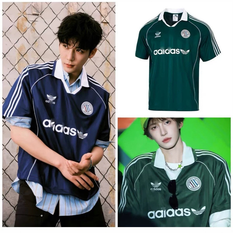 Cross-Border Wang Anyu Style Three-Stripe Regular Shoulder Top, Unisex Color-Blocking Football Sports Short-Sleeve T-Shirt